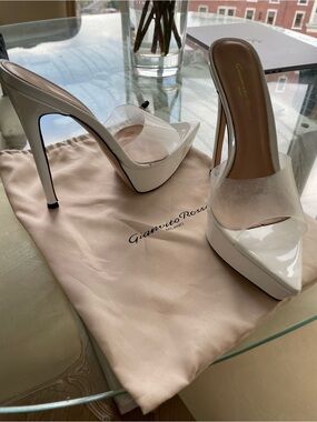 Gianvito Rossi White Patent Platform Mule with Clear PVC Strap